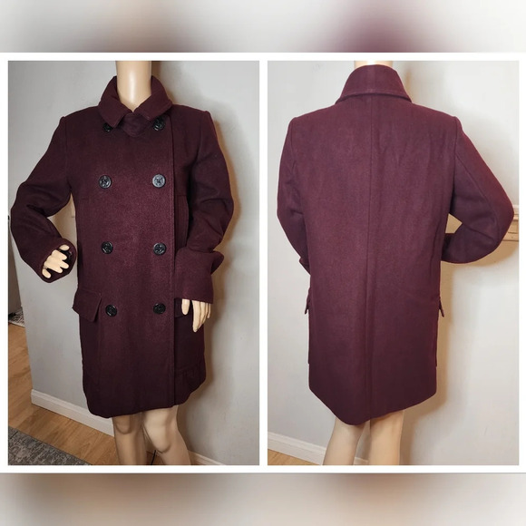GAP Wool-blend Burgundy Double-breasted Long Pea Coat Heavy Women's Size Large - Picture 12 of 16